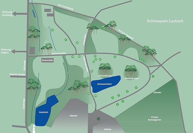 Schlosspark Laubach, Parkkarte aus dem Flyer "Alleen, Teiche und Baumriesen"